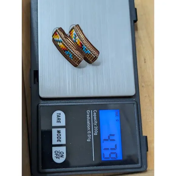 Vintage Navajo GW Stamped Copper Beaded Stud Earrings Southwestern Sunset Palett - Picture 6 of 6